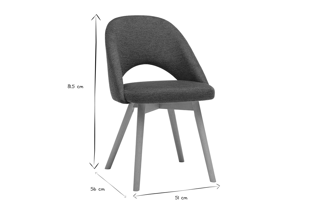 Dimensiones de las sillas escandinavas de tela, vista de perfil, en blanco y negro.