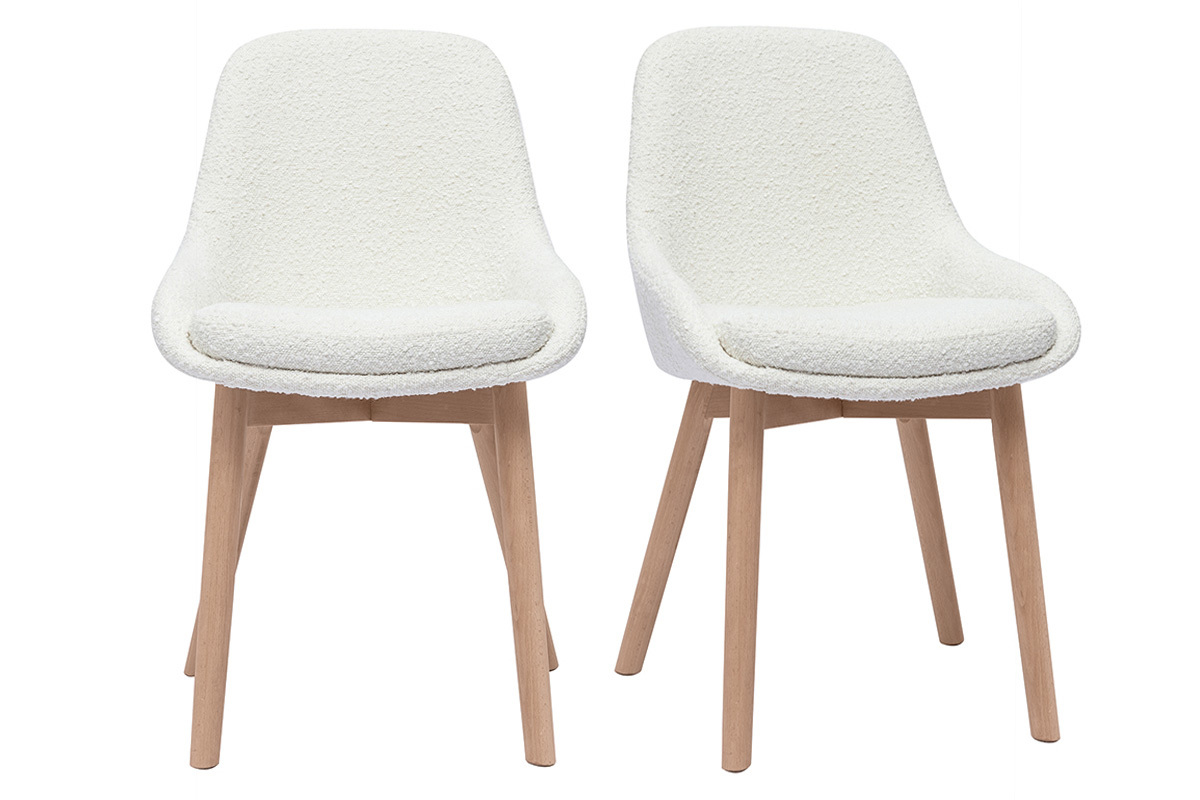 Sillas escandinavas de tela efecto lana boucl� blanca y madera clara maciza (juego de 2) HOLO