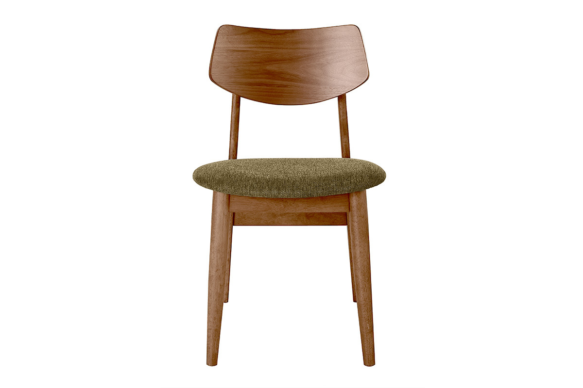 Silla escandinava de madera oscura y tela verde caqui, vista frontal