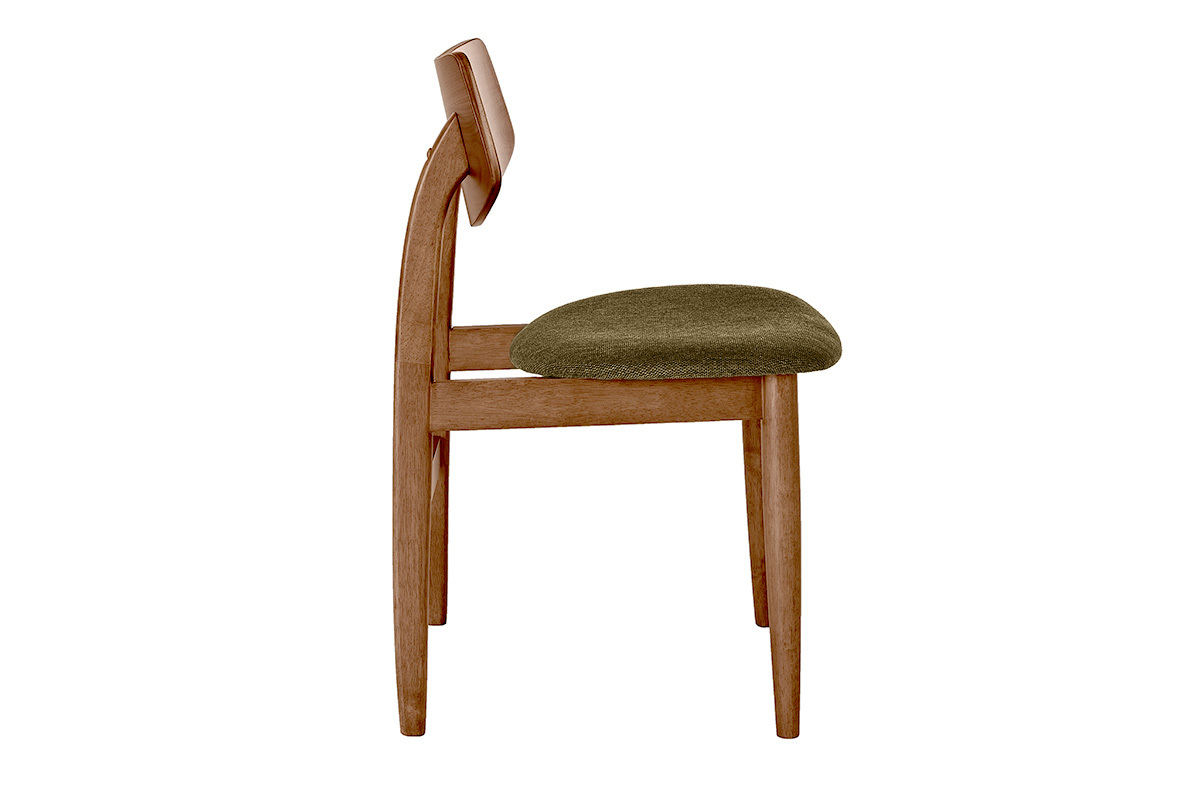 Silla escandinava de madera y tela verde caqui, vista de perfil