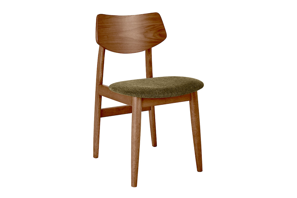 Silla escandinava de madera oscura con asiento de tela verde caqui, vista de tres cuartos.
