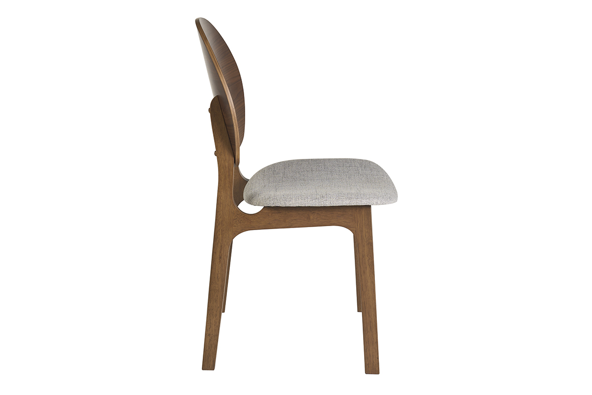 Silla escandinava ELTON en madera oscura y tela gris clara, vista de perfil.