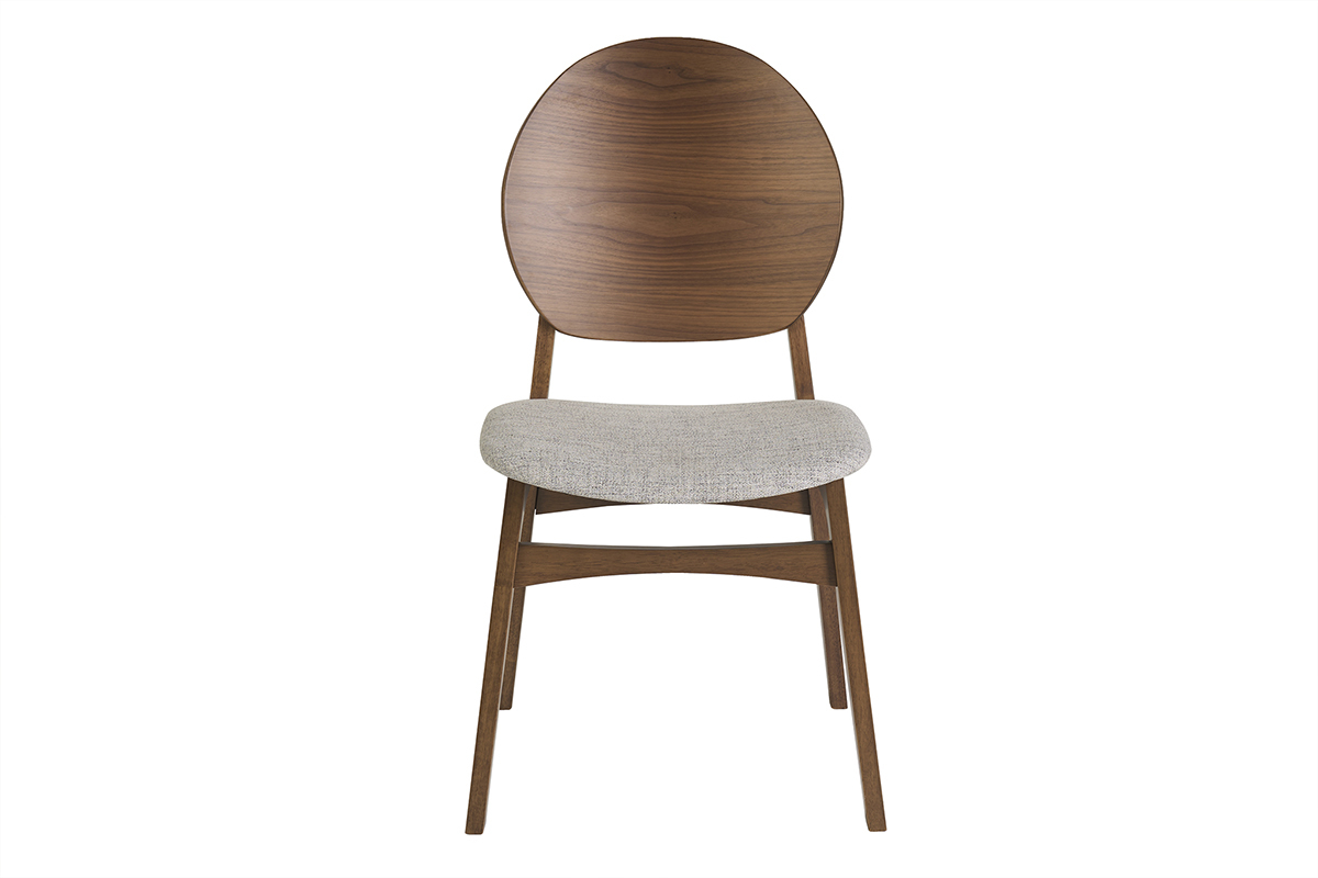 Silla escandinava de madera oscura y tela gris claro vista de frente