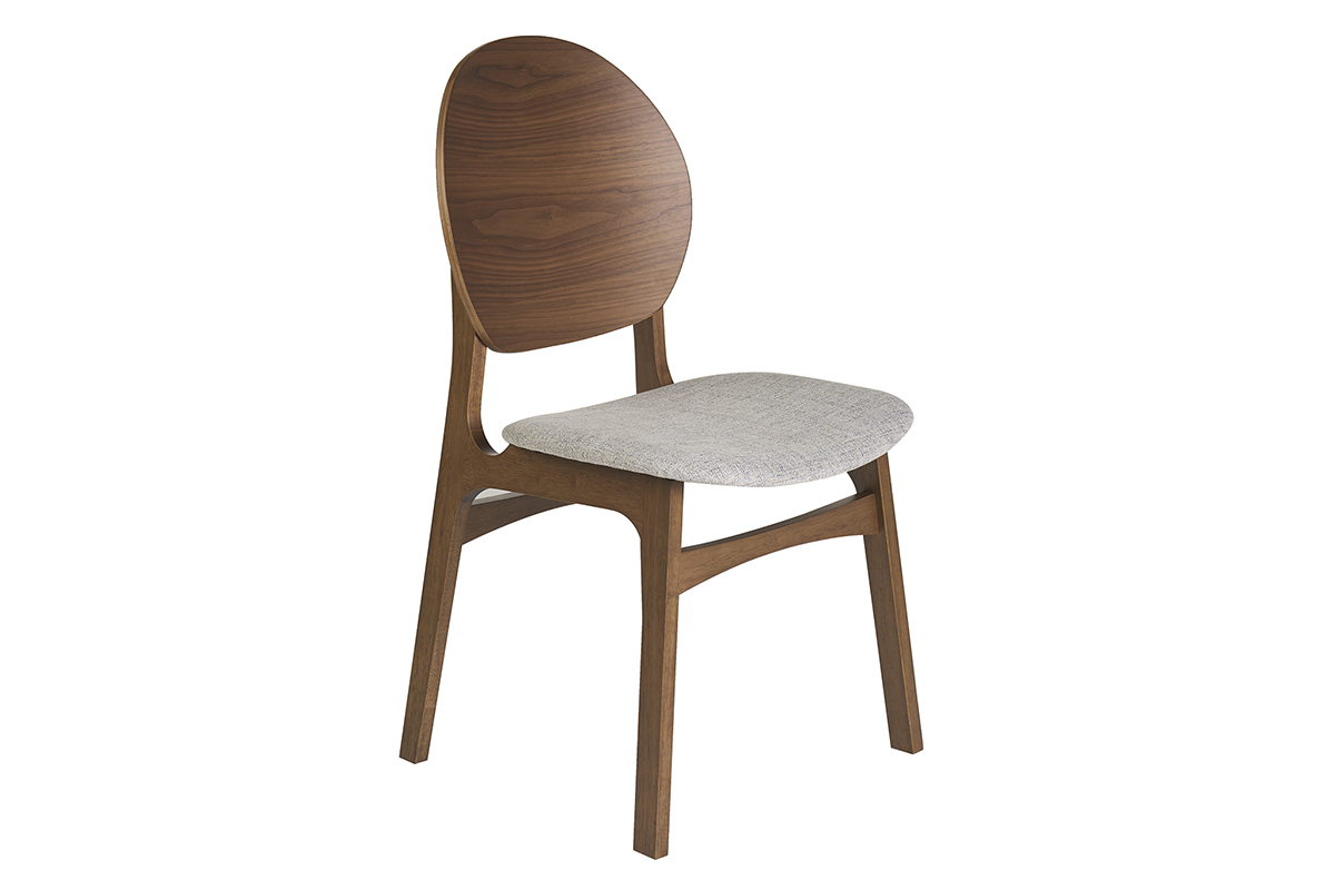 Silla escandinava ELTON en madera oscura con asiento de tejido gris claro, vista de 3/4