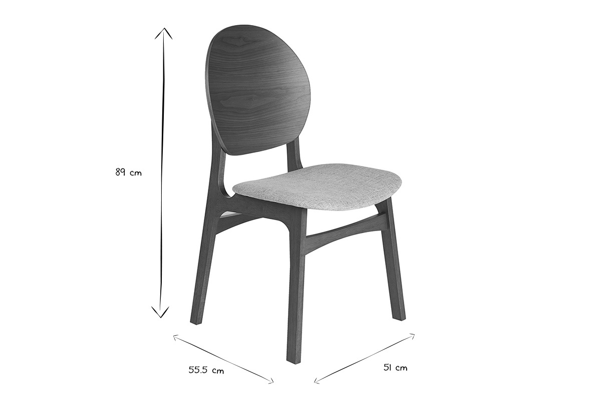 Dimensiones de las sillas escandinavas ELTON: 89 cm de alto, 55,5 cm de ancho, 51 cm de profundidad, en negro y blanco.