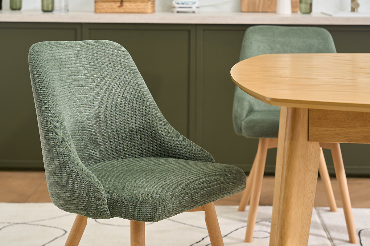 Sillas escandinavas en tejido chenilla verde caqui y madera clara (lote de 2) HASTA