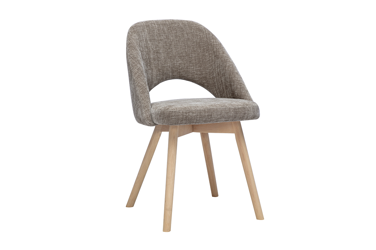 Silla escandinava de tela con efecto terciopelo topo y madera clara, vista de 3/4
