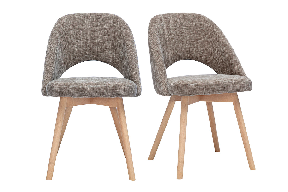 Sillas escandinavas de tela de terciopelo topo con patas de madera clara, lote de 2, vista frontal.
