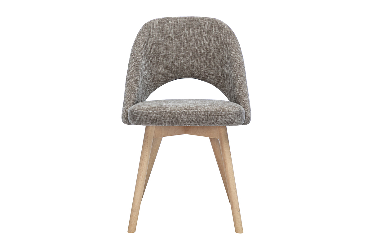 Silla escandinava de tela con efecto terciopelo texturizado topo, vista frontal, patas de madera clara.