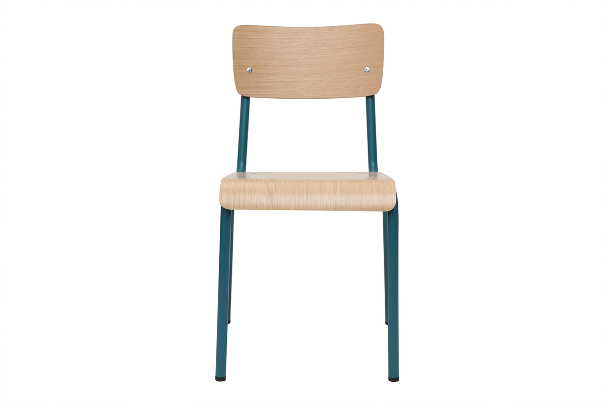 Sillas escolares apilables en metal azul petrleo y madera clara (lote de 2) SCHOOL