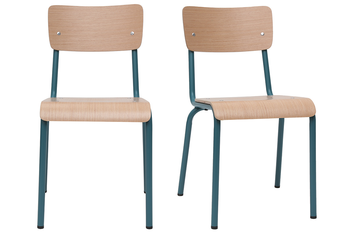 Sillas escolares apilables en metal azul petrleo y madera clara (lote de 2) SCHOOL
