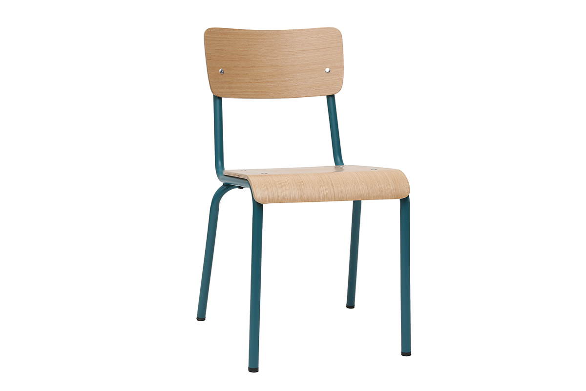 Sillas escolares apilables en metal azul petrleo y madera clara (lote de 2) SCHOOL