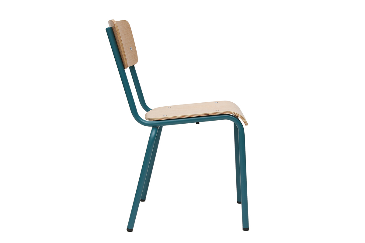 Sillas escolares apilables en metal azul petrleo y madera clara (lote de 2) SCHOOL