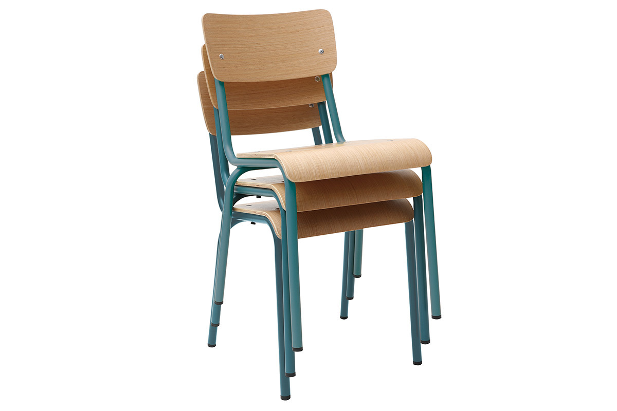 Sillas escolares apilables en metal azul petrleo y madera clara (lote de 2) SCHOOL