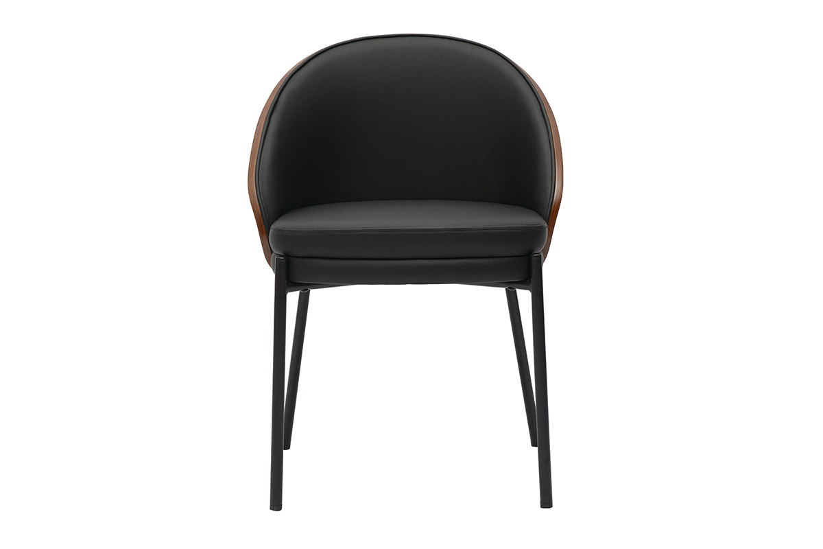 Silla TUCSON, asiento negro, madera oscura, patas de metal negro. Vista frontal.
