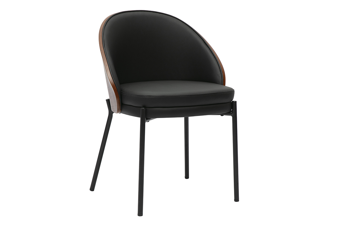 Silla Tucson, asiento negro, respaldo de madera oscura, patas de metal negro, vista de 3/4.