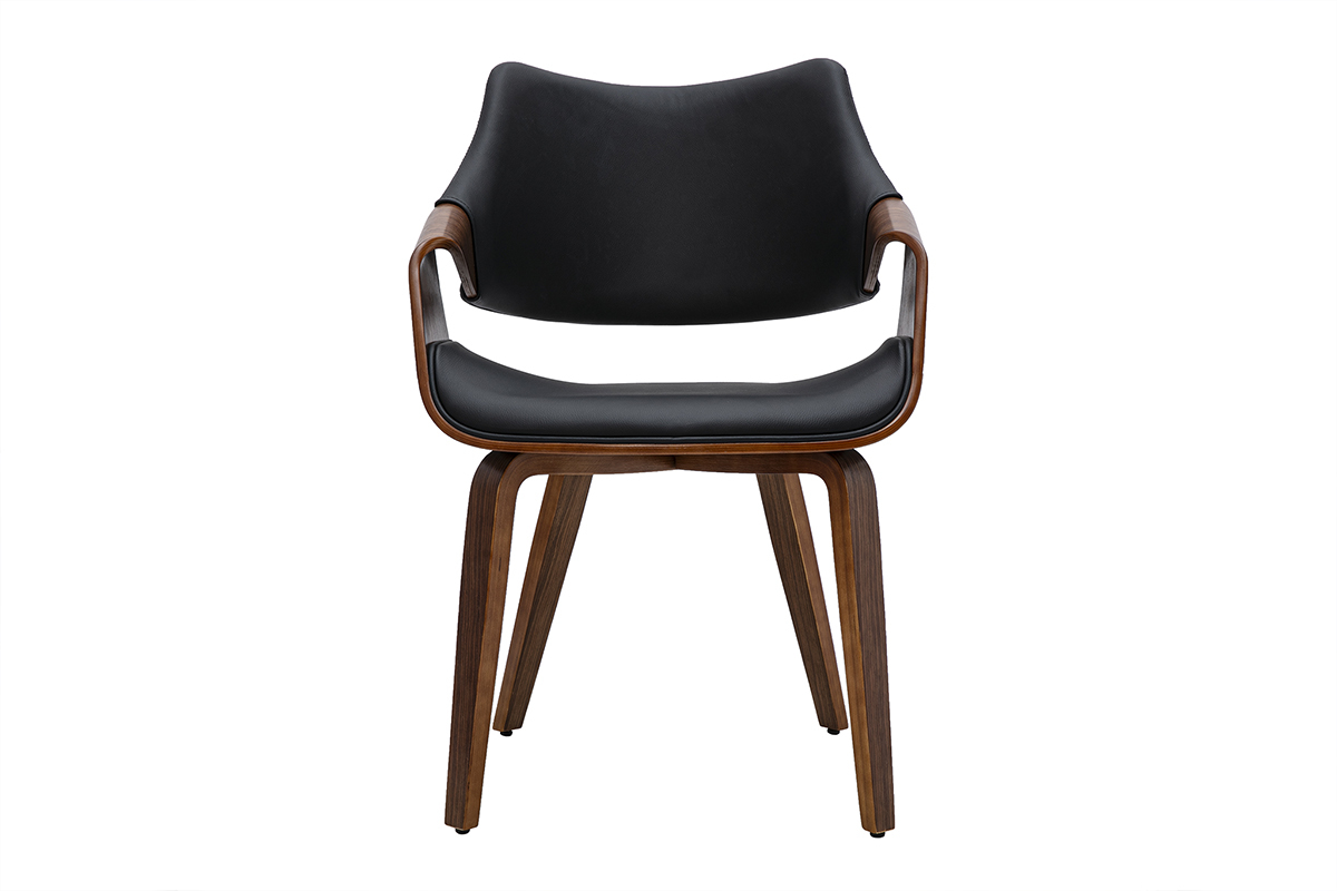 Silla SEVAN negra con reposabrazos y estructura de madera oscura nogal, vista frontal.