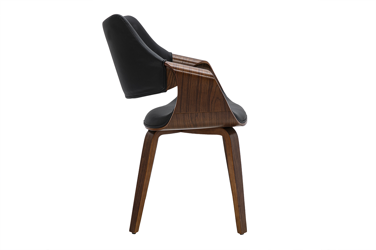 Silla SEVAN de perfil, con un revestimiento de poliuretano negro y una estructura de madera de nogal