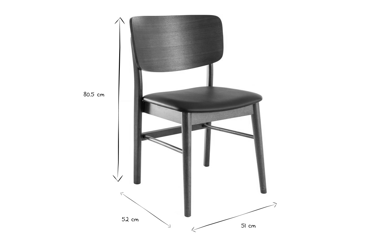 Dimensiones de las sillas de madera oscura y negra en blanco y negro, altura 80,5 cm, anchura 52 cm, profundidad 51 cm.