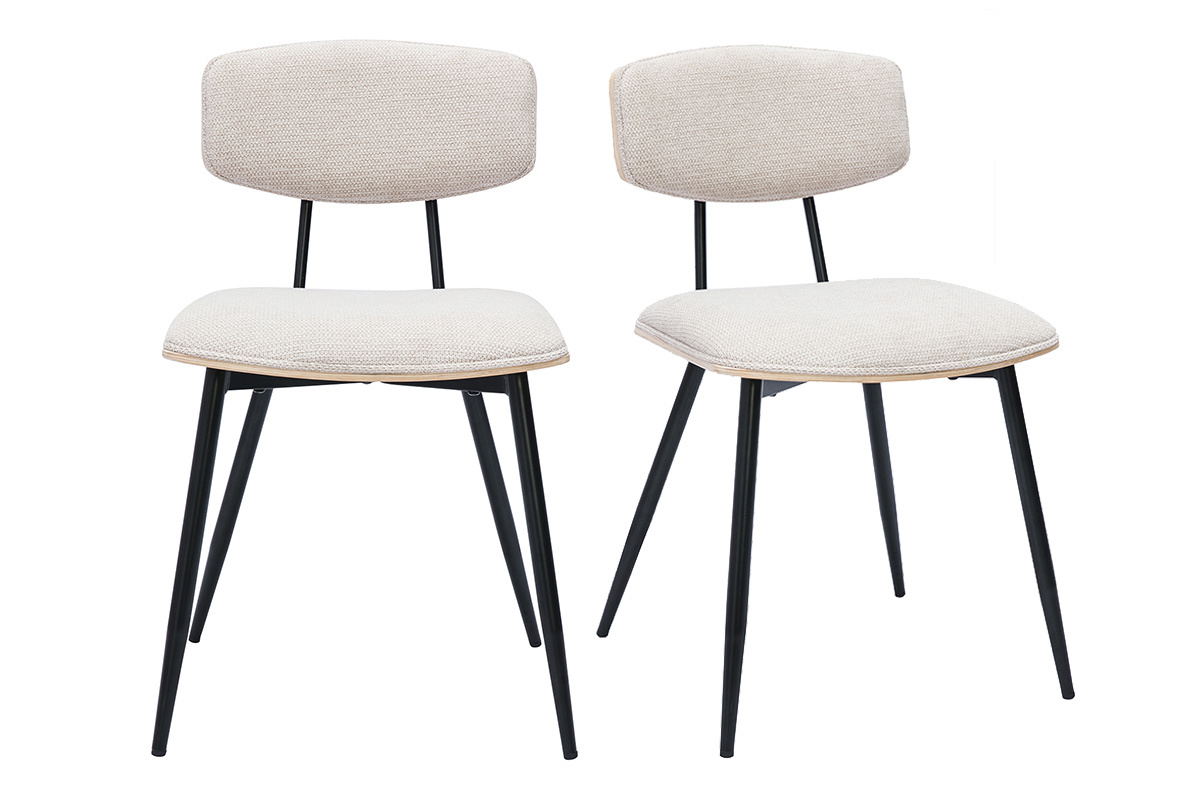 Sillas vintage de madera clara de roble, asientos de tela de terciopelo beige y metal negro (juego de 2) JOLINE