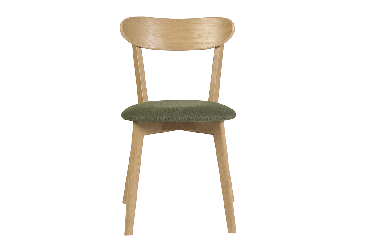 Silla vintage de madera clara de roble con asiento de tela de terciopelo texturizado verde caqui, vista frontal.