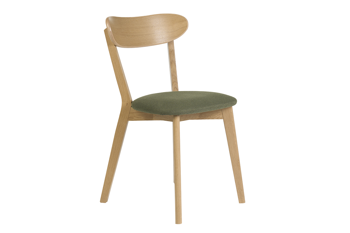 Silla vintage de madera clara de roble con asiento de tejido de terciopelo verde caqui, vista de 3/4.