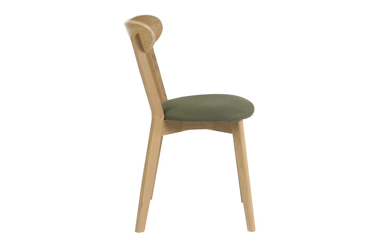 Silla vintage de madera de roble claro con asiento de tela verde caqui, vista de perfil.