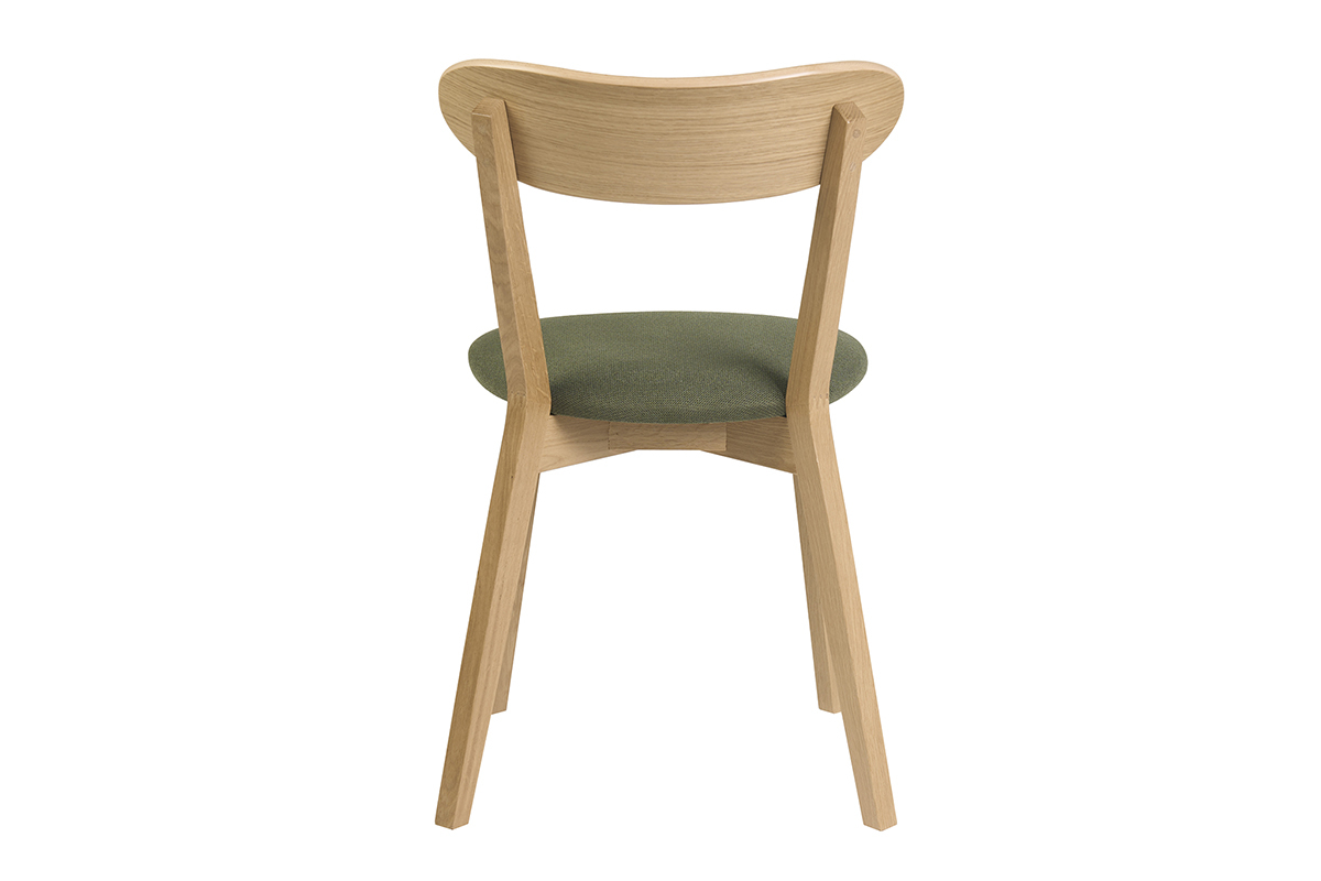 Silla vintage de madera clara de roble con asiento de tela de efecto terciopelo texturizado verde caqui, vista trasera.
