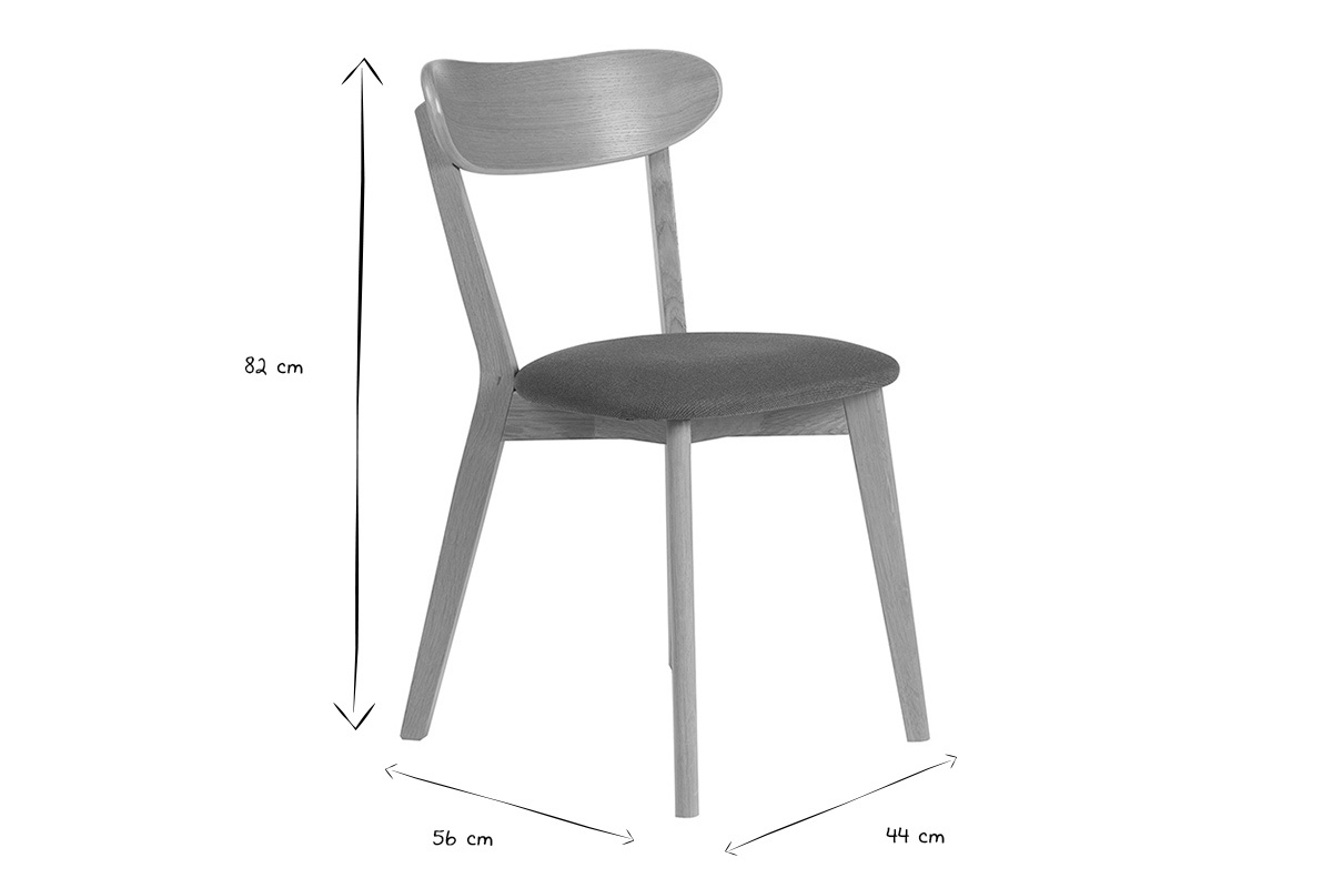 Dimensiones de la silla DOVE en blanco y negro, altura 82 cm, profundidad 56 cm, anchura 44 cm.