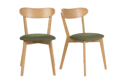 Sillas vintage de madera clara de roble y tejido con efecto terciopelo texturizado verde caqui (lote de 2) DOVE
