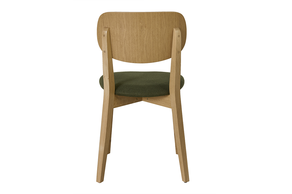 Silla vintage de madera clara de roble y asiento verde caqui, vista desde atr�s