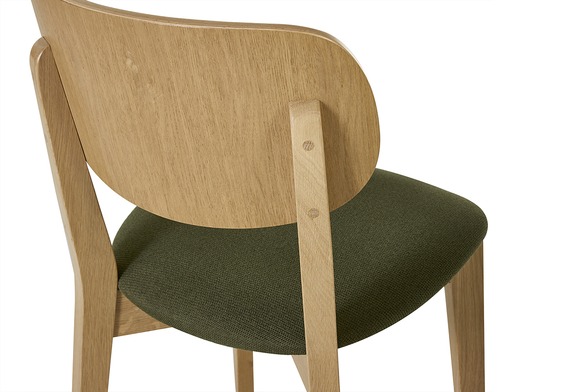 Vista trasera de la silla LUCIA en madera de roble claro y tela verde caqui, asiento acolchado