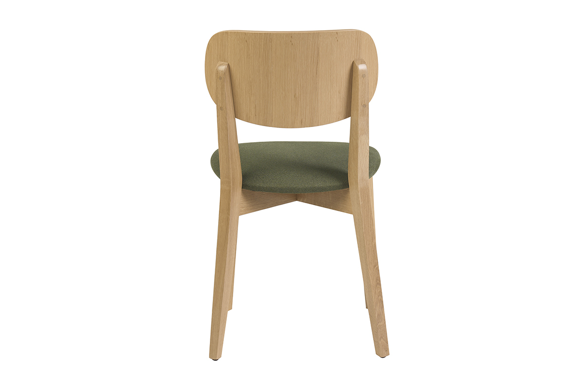 Silla vintage LUCIA en madera clara de roble con asiento de tela verde caqui, vista trasera.