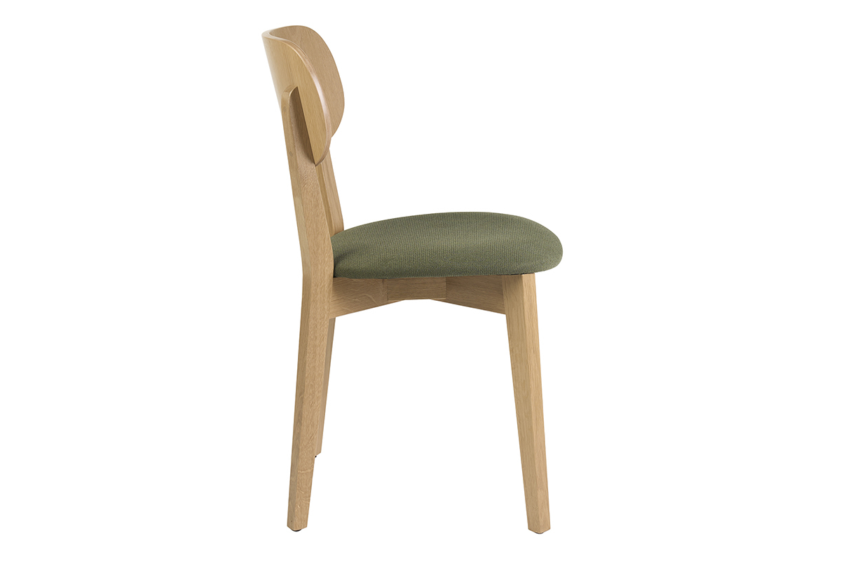 Silla vintage LUCIA de madera clara y tela verde caqui, vista de perfil.