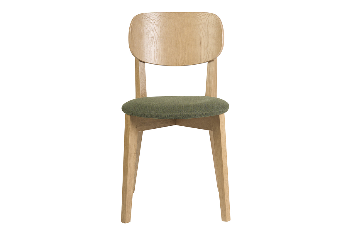 Silla vintage de madera clara con asiento de terciopelo texturizado verde caqui, vista frontal.