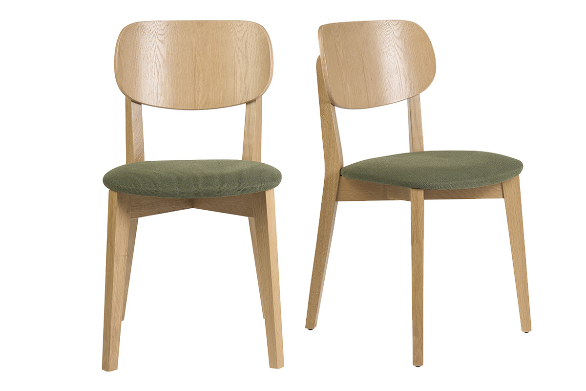 Lote de 2 sillas vintage de madera clara de roble con asiento de terciopelo texturizado verde caqui, vista frontal.