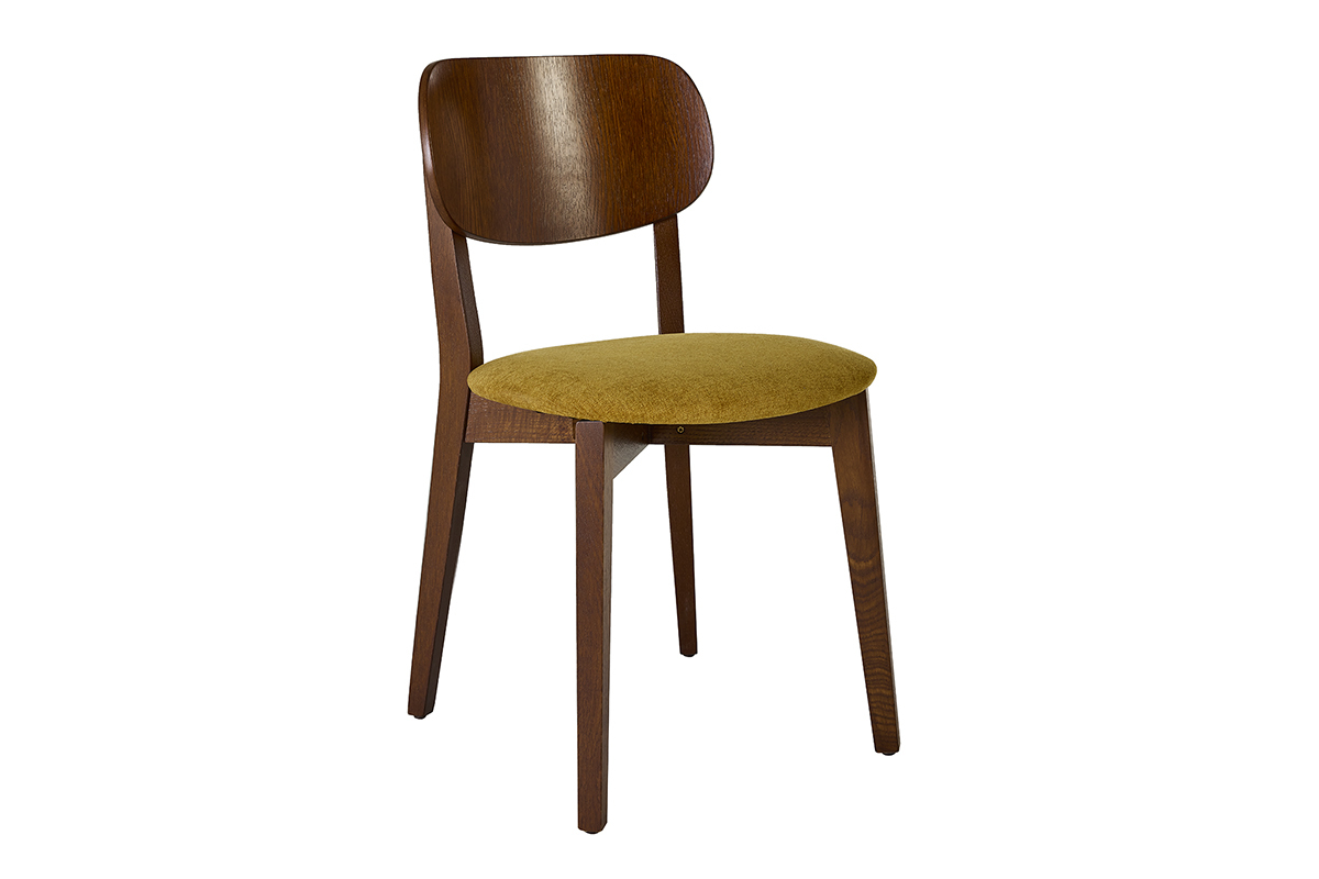 Silla vintage de madera oscura con asiento de tela con efecto de terciopelo amarillo mostaza, vista de 3/4.