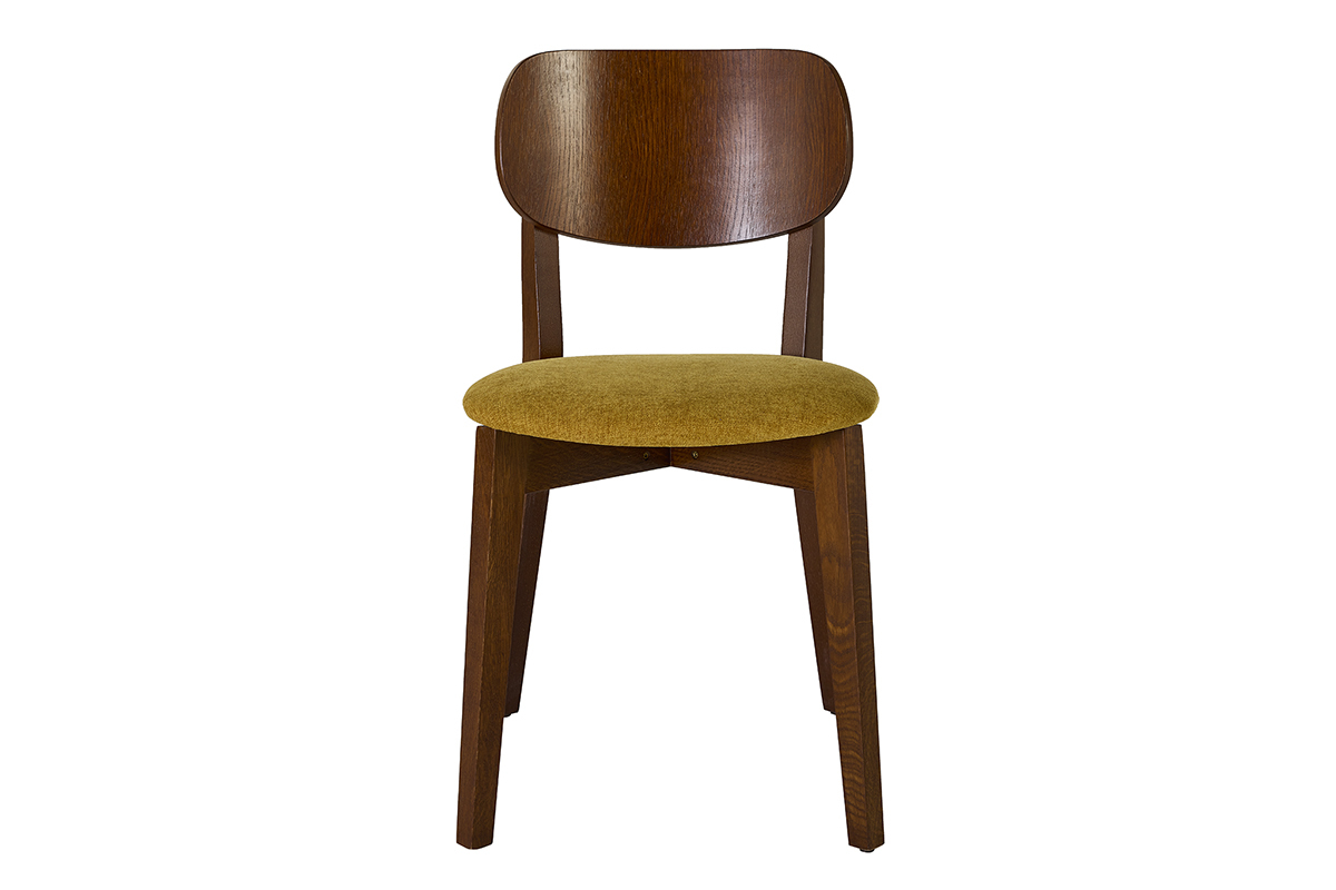 Silla vintage LUCIA de madera oscura con asiento de terciopelo amarillo mostaza, vista frontal.