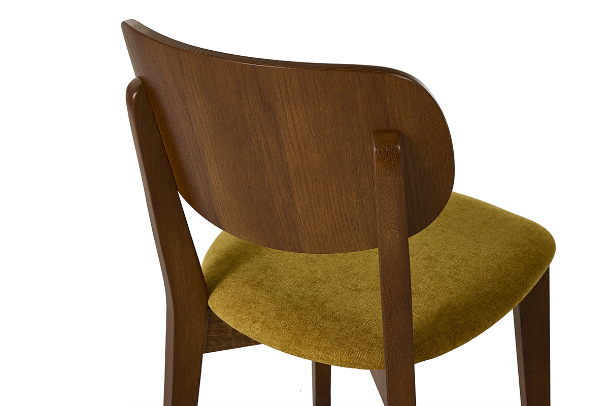 Sillas vintage de madera de roble oscuro y tela con efecto terciopelo amarillo mostaza (lote de 2) LUCIA