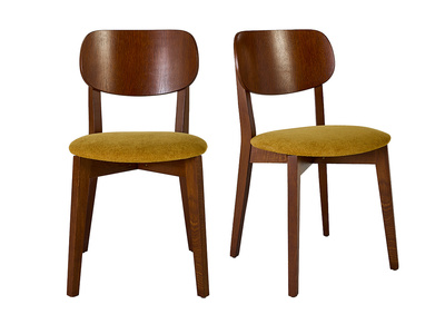 Sillas vintage de madera de roble oscuro y tela con efecto terciopelo amarillo mostaza (lote de 2) LUCIA