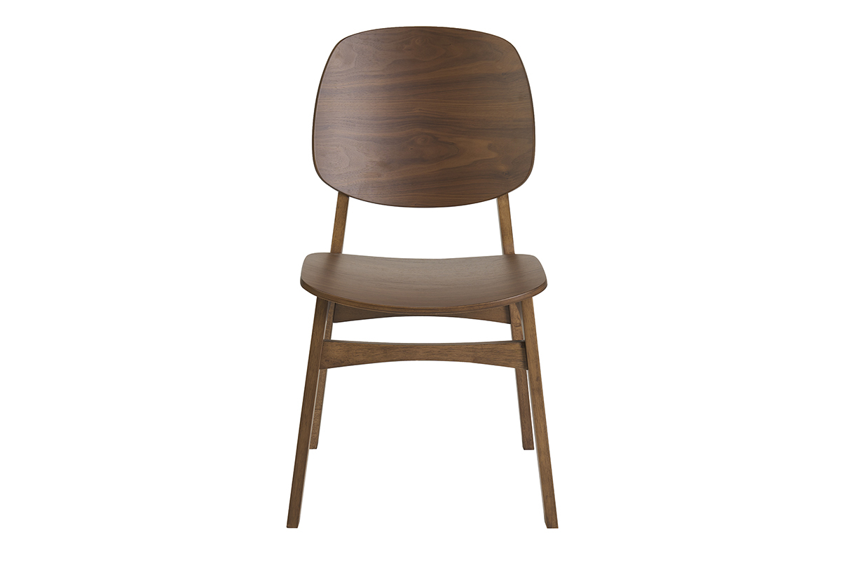 Silla vintage de madera de nogal oscuro, vista frontal, con respaldo curvado y asiento ancho.