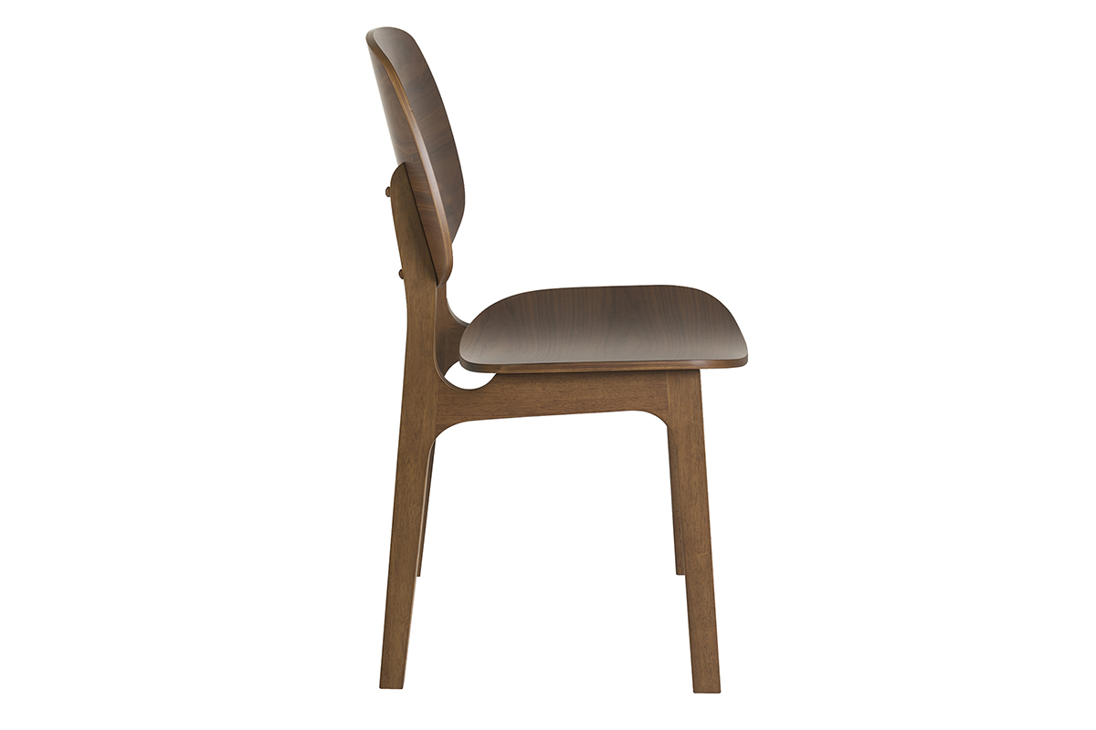Silla vintage de madera oscura nogal, vista de perfil, con asiento y respaldo curvados.