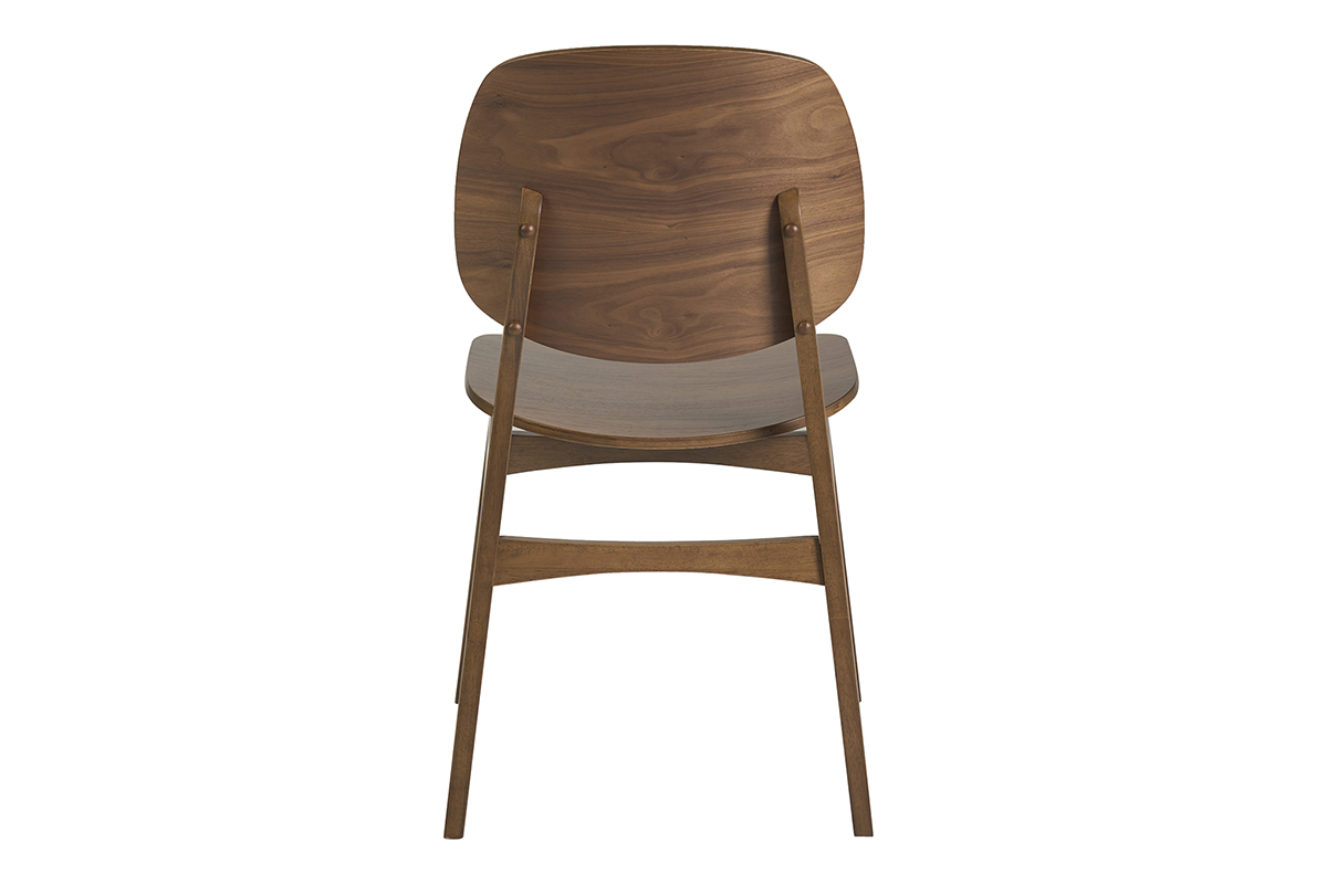 Silla vintage de madera de nogal oscuro, vista trasera, dise�o sobrio y redondeado.
