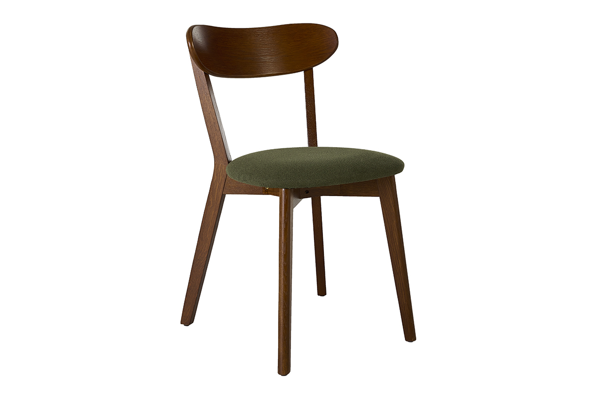 Silla vintage DOVE de madera oscura con asiento de terciopelo verde caqui, vista en 3/4.