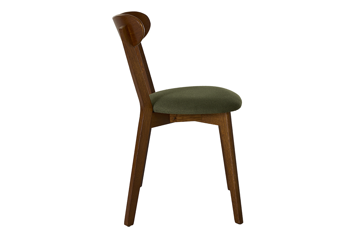 Silla vintage de madera oscura con asiento de tejido de terciopelo texturizado verde caqui, vista de perfil.