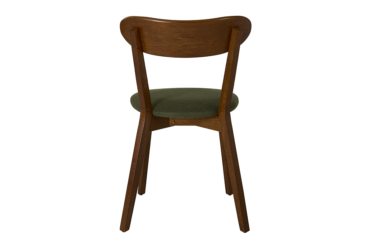 Silla vintage de madera oscura con asiento de tela de terciopelo verde caqui, vista desde atr�s.