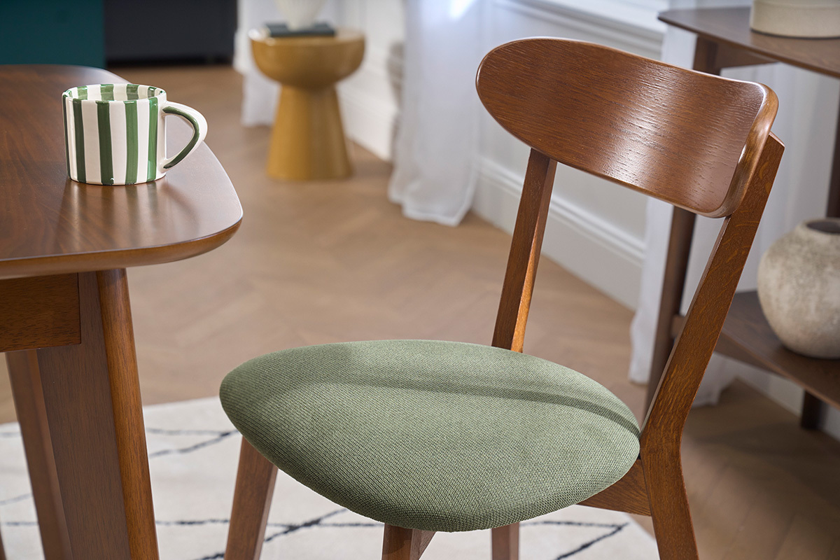 Sillas vintage de madera oscura y tejido con efecto terciopelo texturizado verde caqui (lote de 2) DOVE