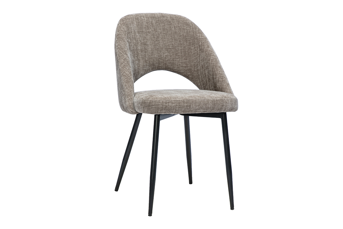 Silla vintage de tela con efecto terciopelo texturizado topo con patas de metal negro, vista de 3/4.