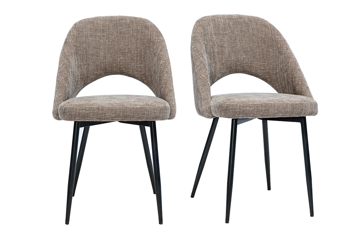 Lote de 2 sillas vintage de tela con efecto terciopelo topo con patas de metal negro, vista frontal.