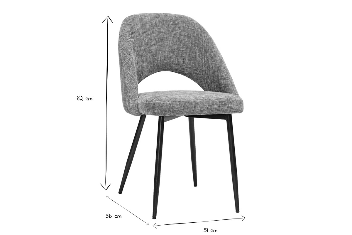 Silla vintage de tela negra y blanca con dimensiones: H82 cm, L56 cm, P51 cm.